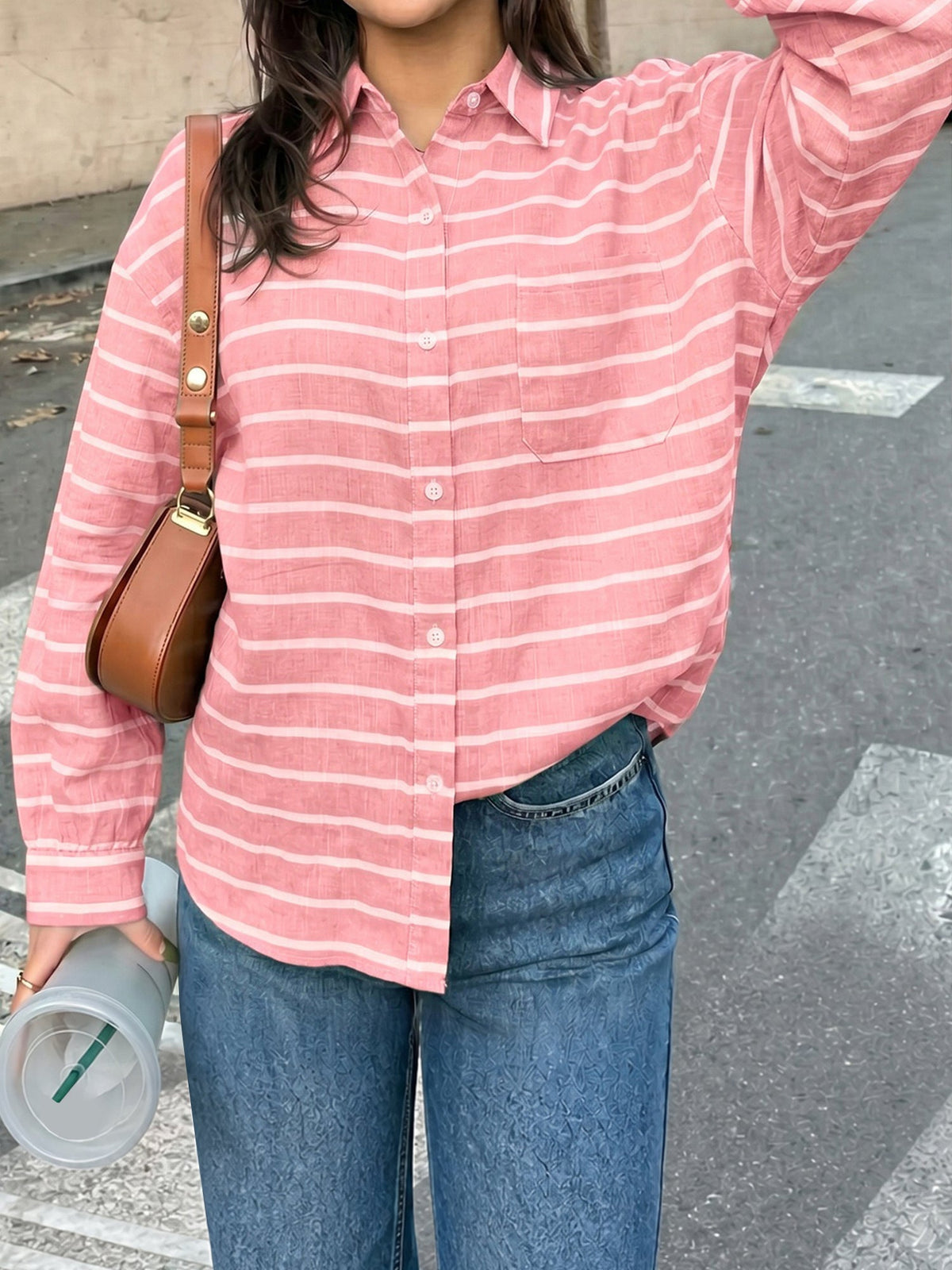 Loose Fit Long Sleeve Striped Button Down Shirt