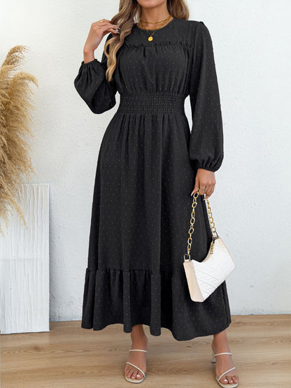 Swiss Dots Ruffled Long Sleeves Tiered Midi Dress