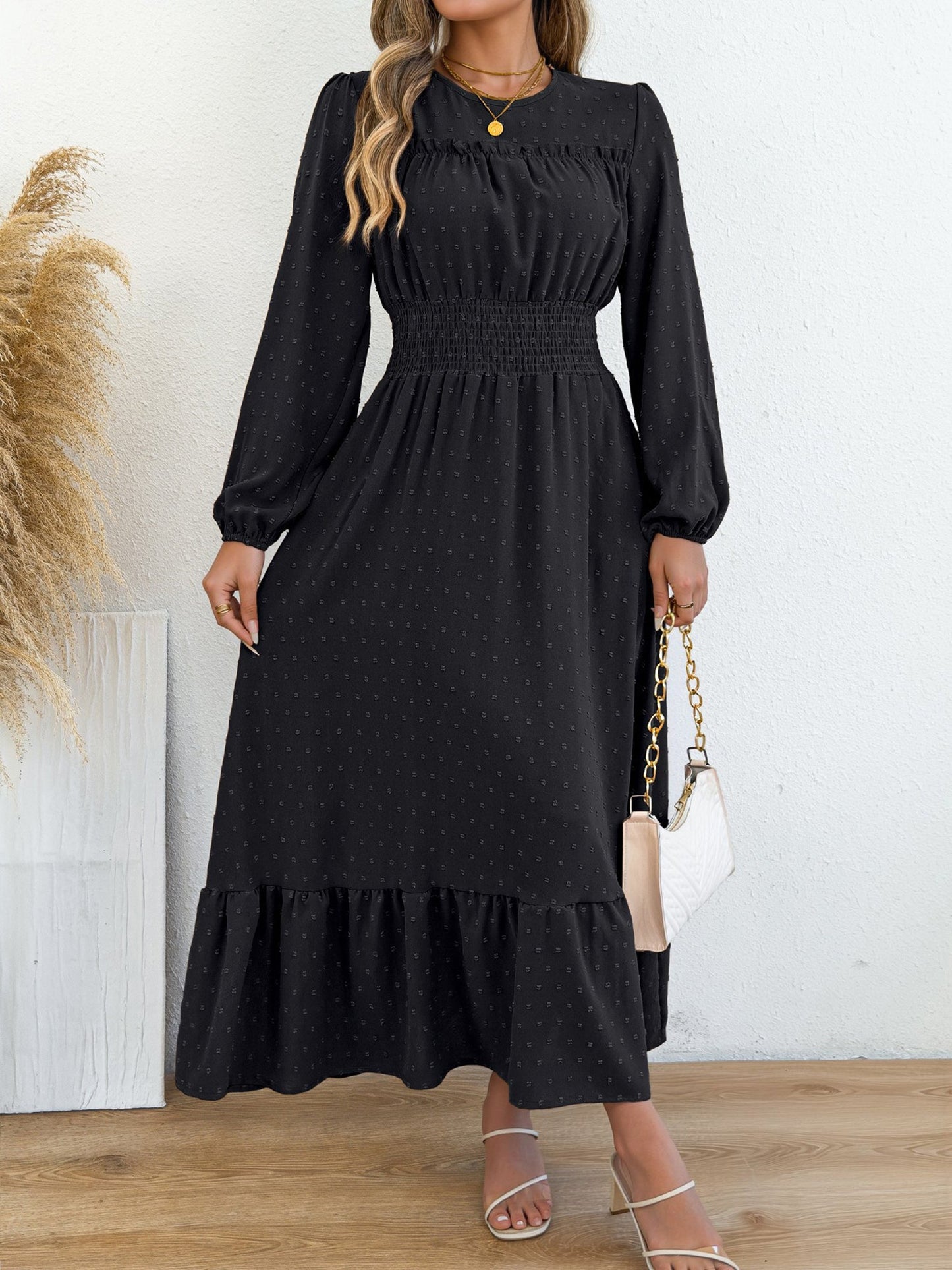 Swiss Dots Ruffled Long Sleeves Tiered Midi Dress
