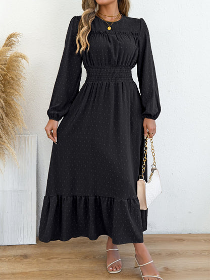 Swiss Dots Ruffled Long Sleeves Tiered Midi Dress