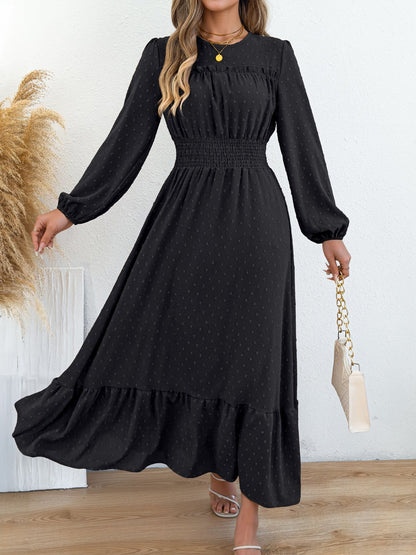 Swiss Dots Ruffled Long Sleeves Tiered Midi Dress