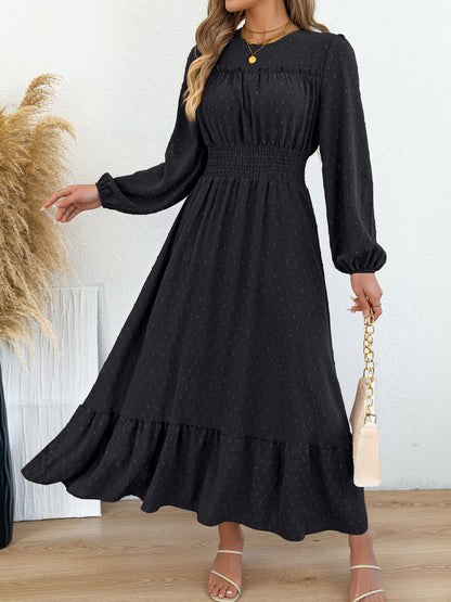 Swiss Dots Ruffled Long Sleeves Tiered Midi Dress