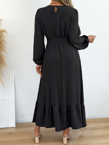Swiss Dots Ruffled Long Sleeves Tiered Midi Dress