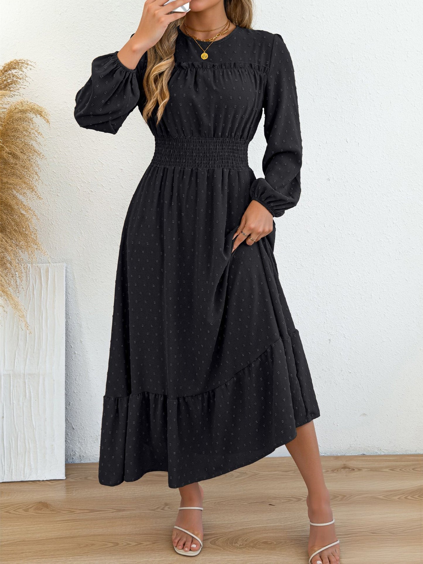 Swiss Dots Ruffled Long Sleeves Tiered Midi Dress
