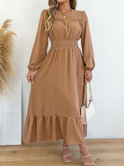 Swiss Dots Ruffled Long Sleeves Tiered Midi Dress