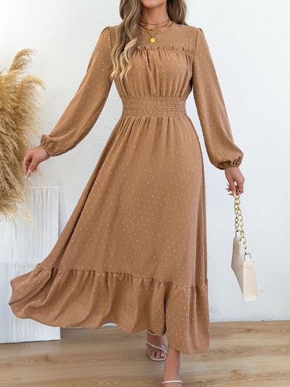 Swiss Dots Ruffled Long Sleeves Tiered Midi Dress
