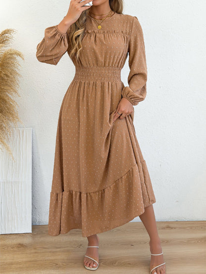 Swiss Dots Ruffled Long Sleeves Tiered Midi Dress