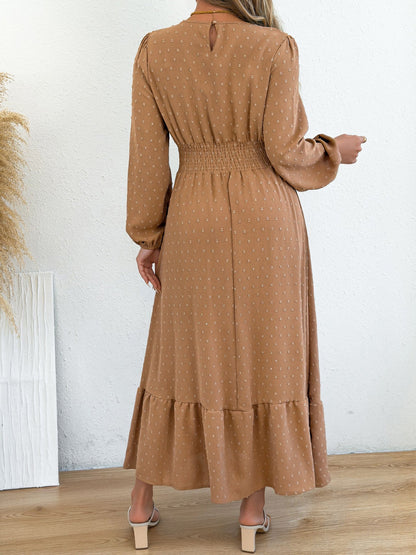 Swiss Dots Ruffled Long Sleeves Tiered Midi Dress