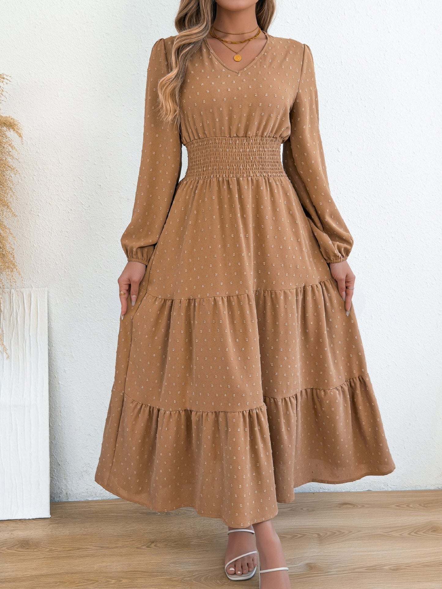 Swiss Dots V Neck Long Sleeves Smocked Tiered Dress
