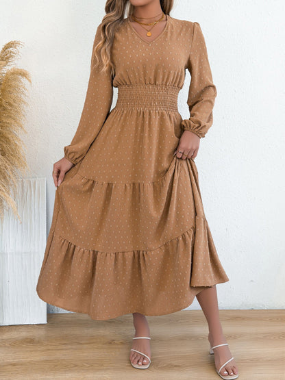 Swiss Dots V Neck Long Sleeves Smocked Tiered Dress