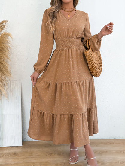 Swiss Dots V Neck Long Sleeves Smocked Tiered Dress
