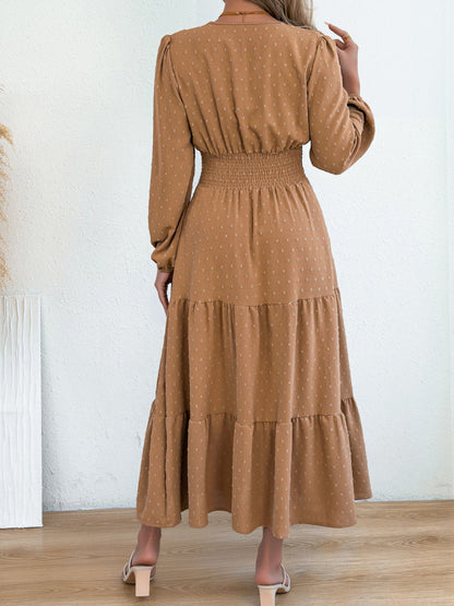 Swiss Dots V Neck Long Sleeves Smocked Tiered Dress
