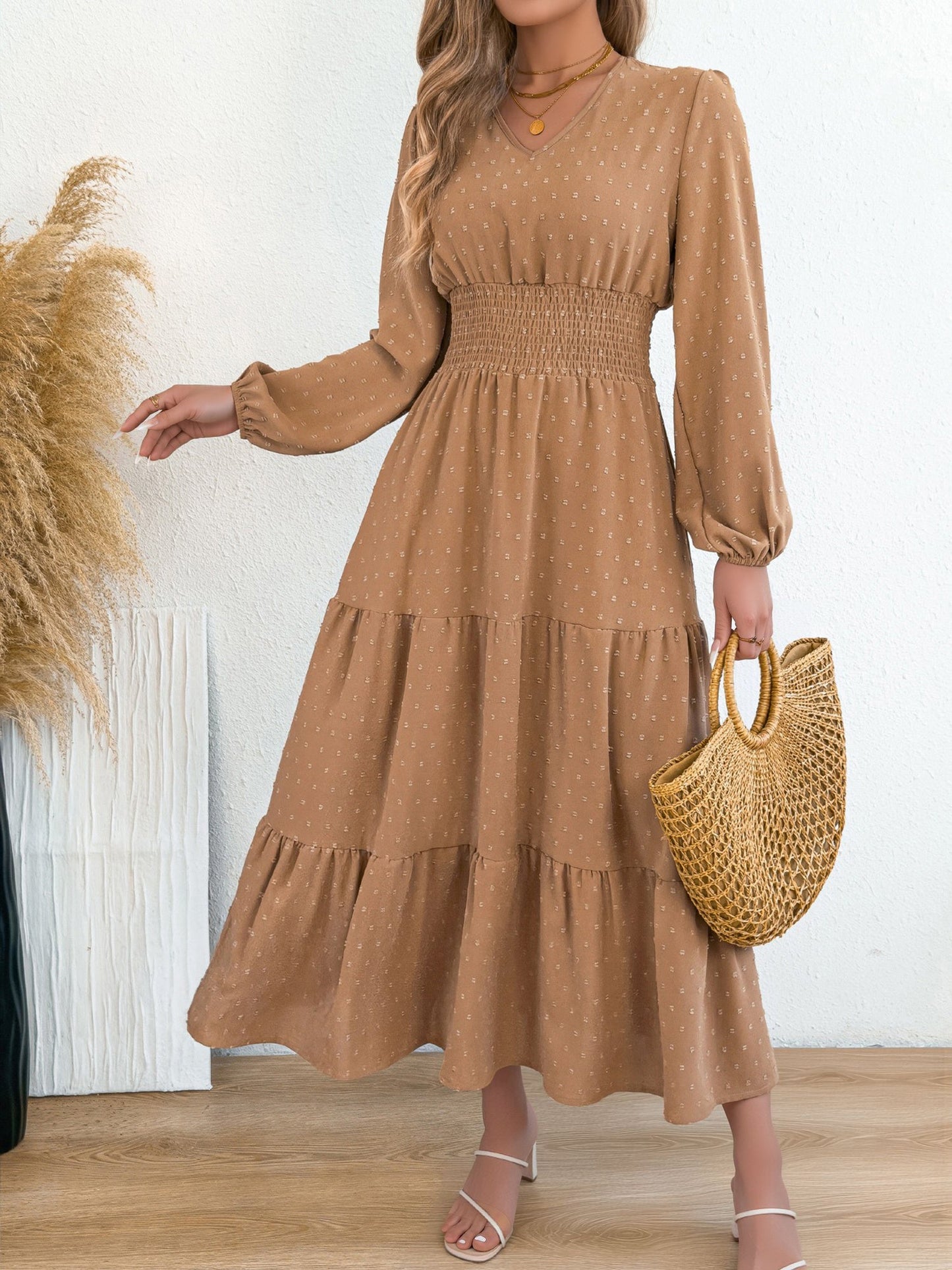 Swiss Dots V Neck Long Sleeves Smocked Tiered Dress