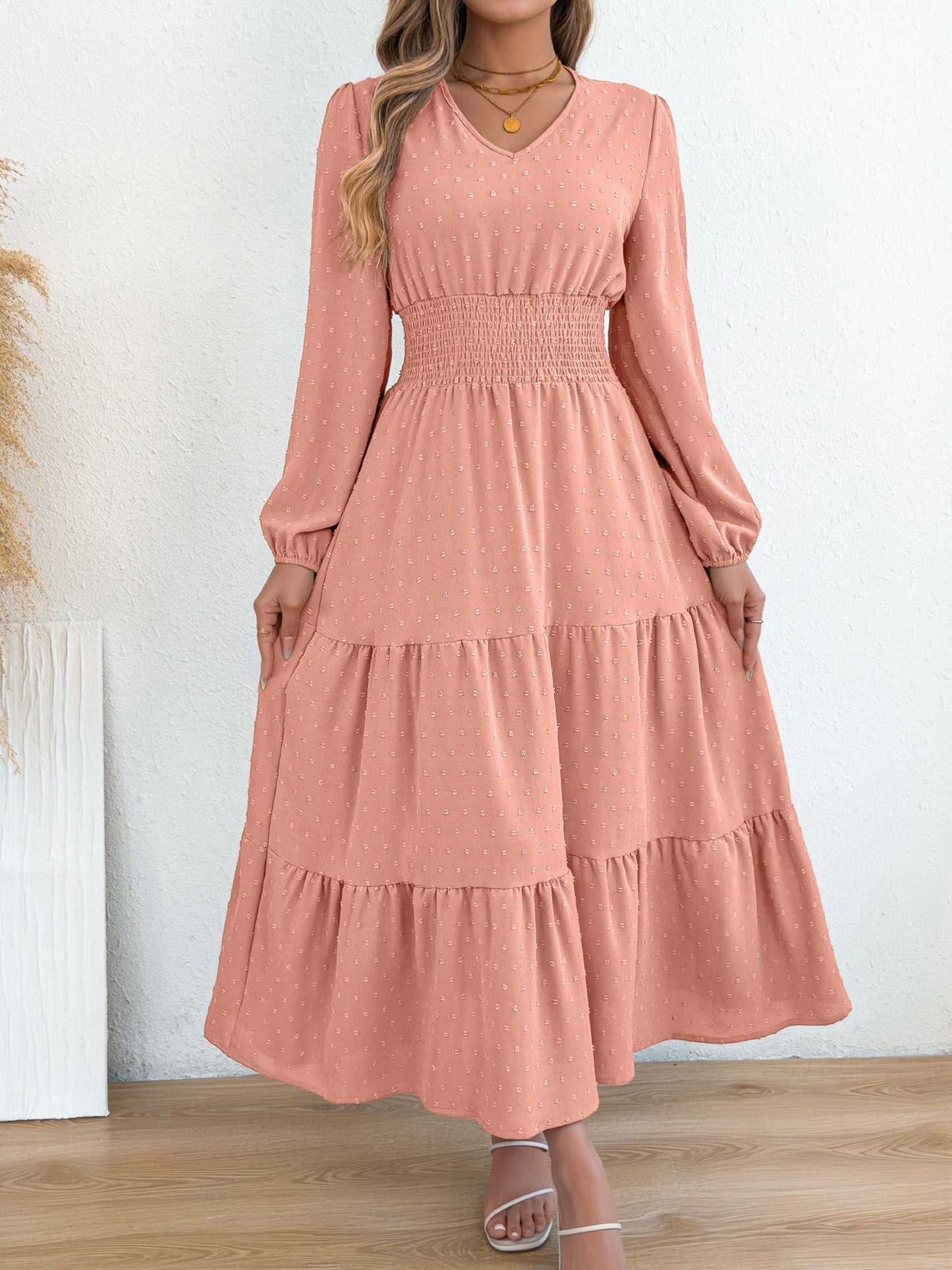 Swiss Dots V Neck Long Sleeves Smocked Tiered Dress