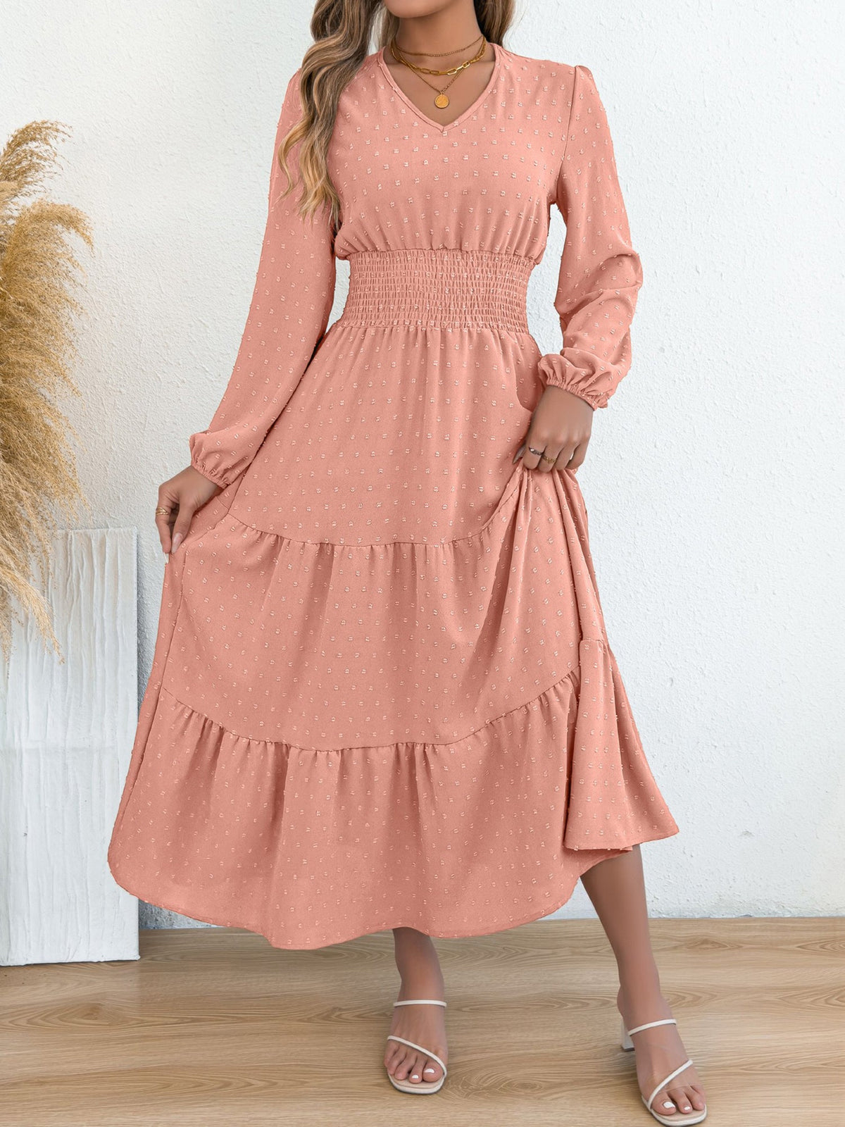 Swiss Dots V Neck Long Sleeves Smocked Tiered Dress