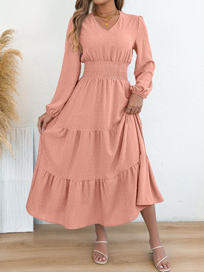 Swiss Dots V Neck Long Sleeves Smocked Tiered Dress