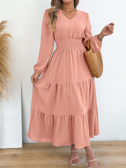 Swiss Dots V Neck Long Sleeves Smocked Tiered Dress