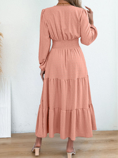 Swiss Dots V Neck Long Sleeves Smocked Tiered Dress