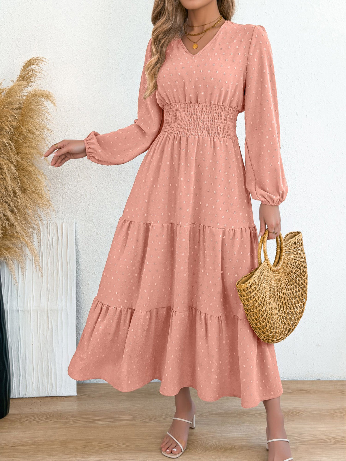 Swiss Dots V Neck Long Sleeves Smocked Tiered Dress