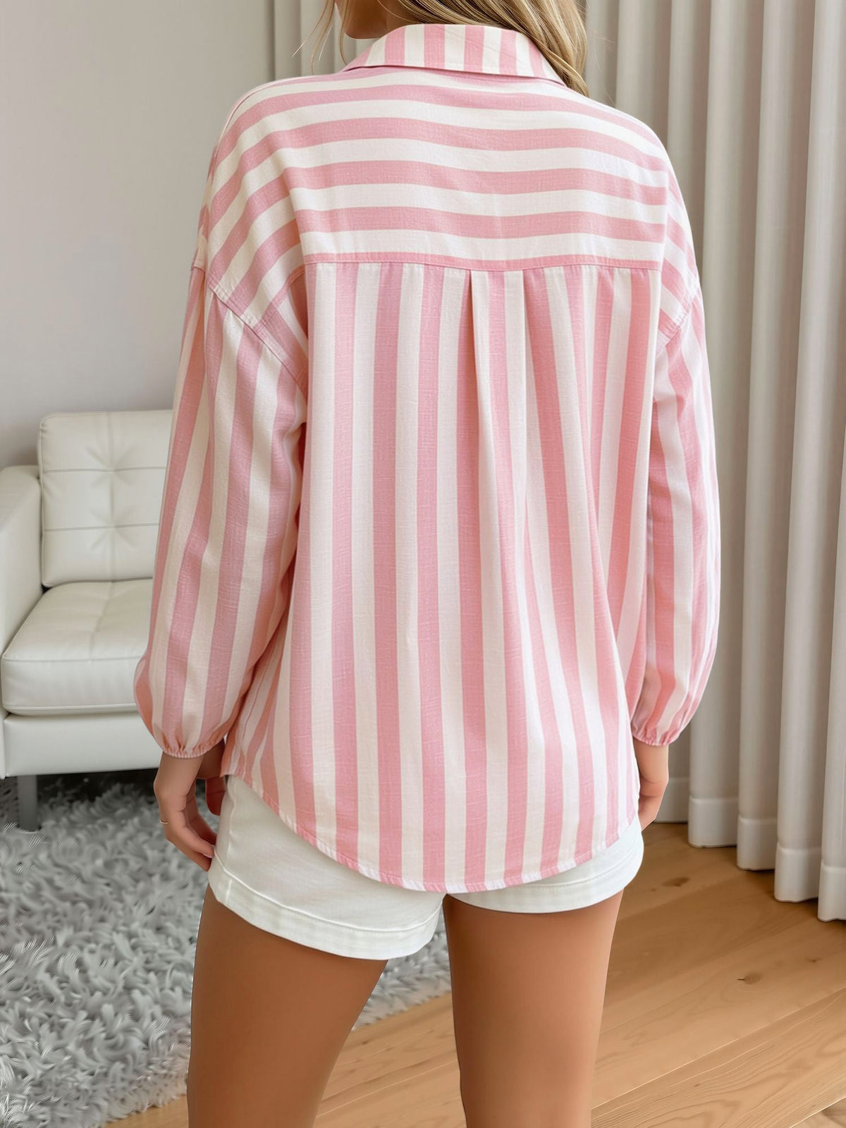 Striped Ruffled Collared Long Sleeves Casual Blouse