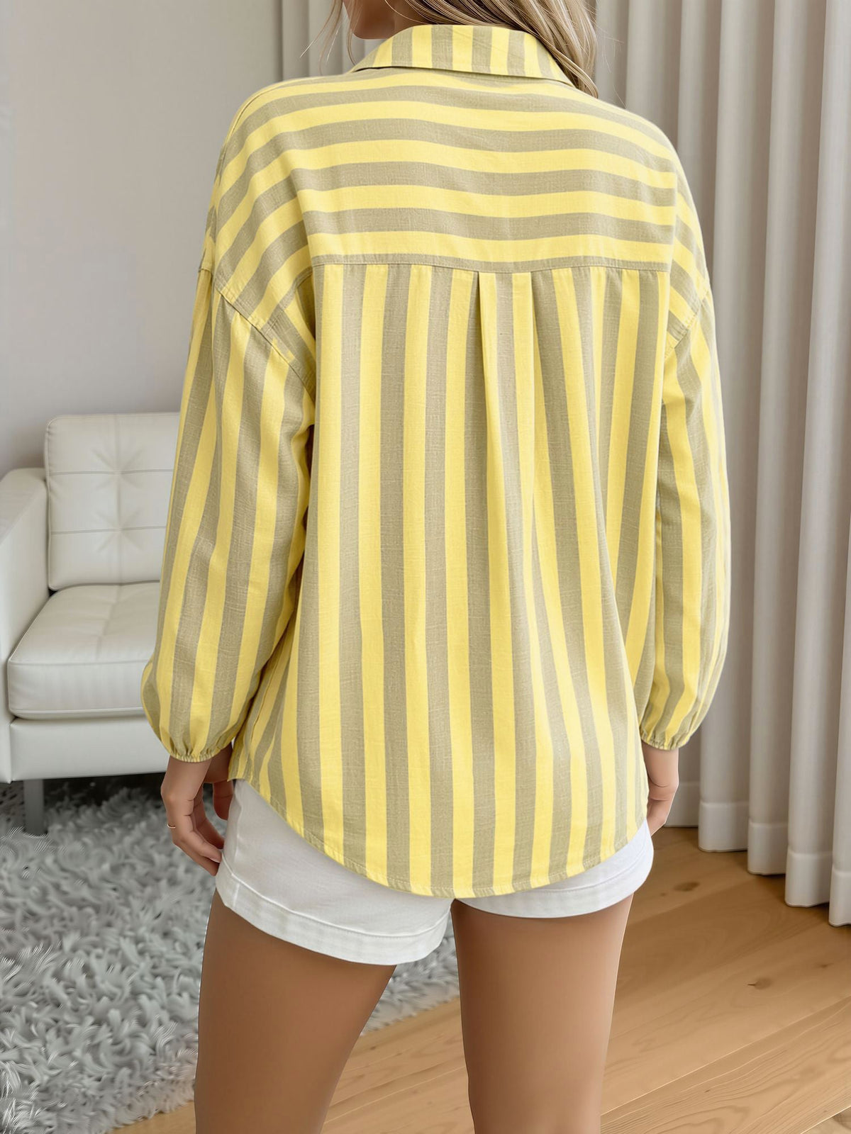 Striped Ruffled Collared Long Sleeves Casual Blouse