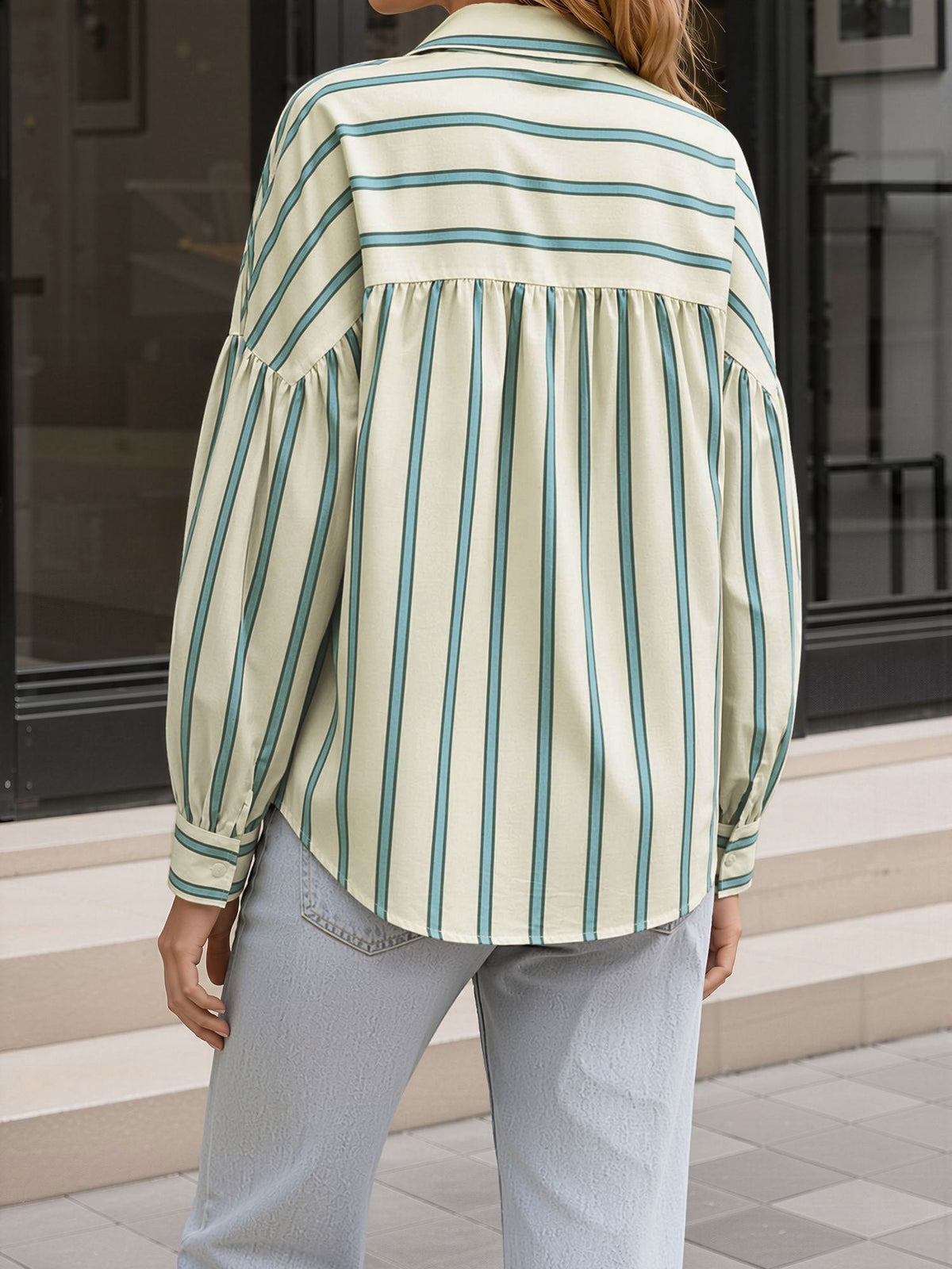 Striped Lantern Sleeves Collared Casual Blouse