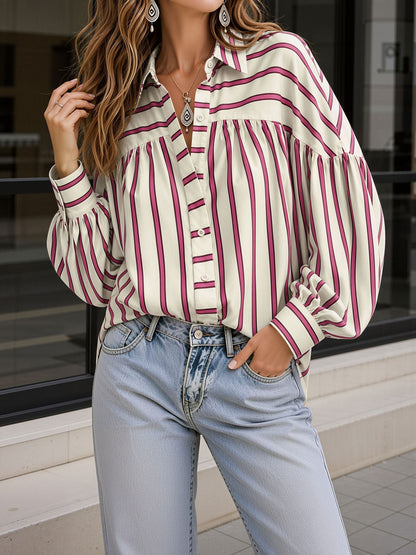 Striped Lantern Sleeves Collared Casual Blouse