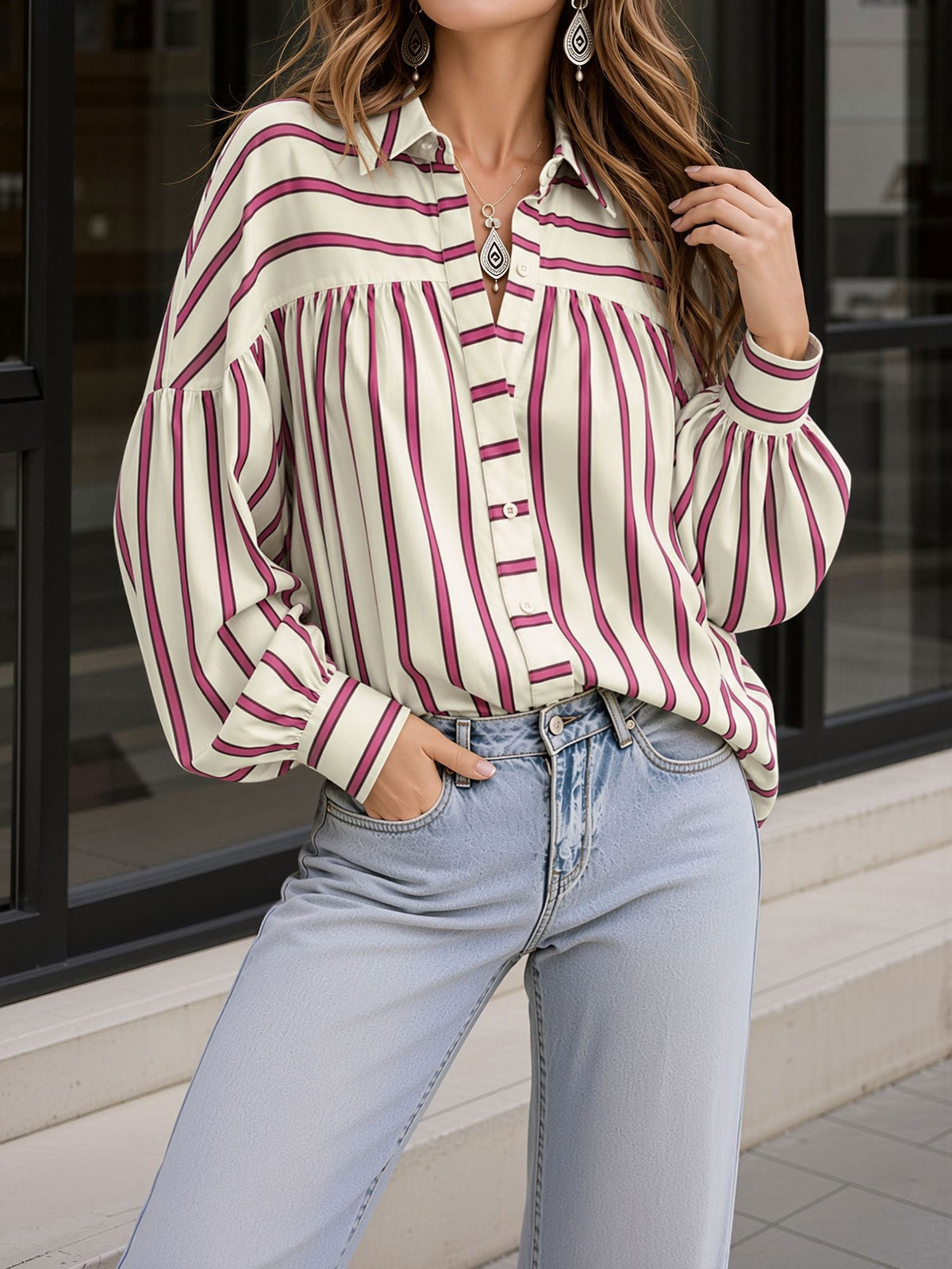 Striped Lantern Sleeves Collared Casual Blouse