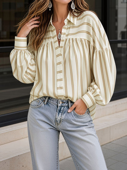 Striped Lantern Sleeves Collared Casual Blouse