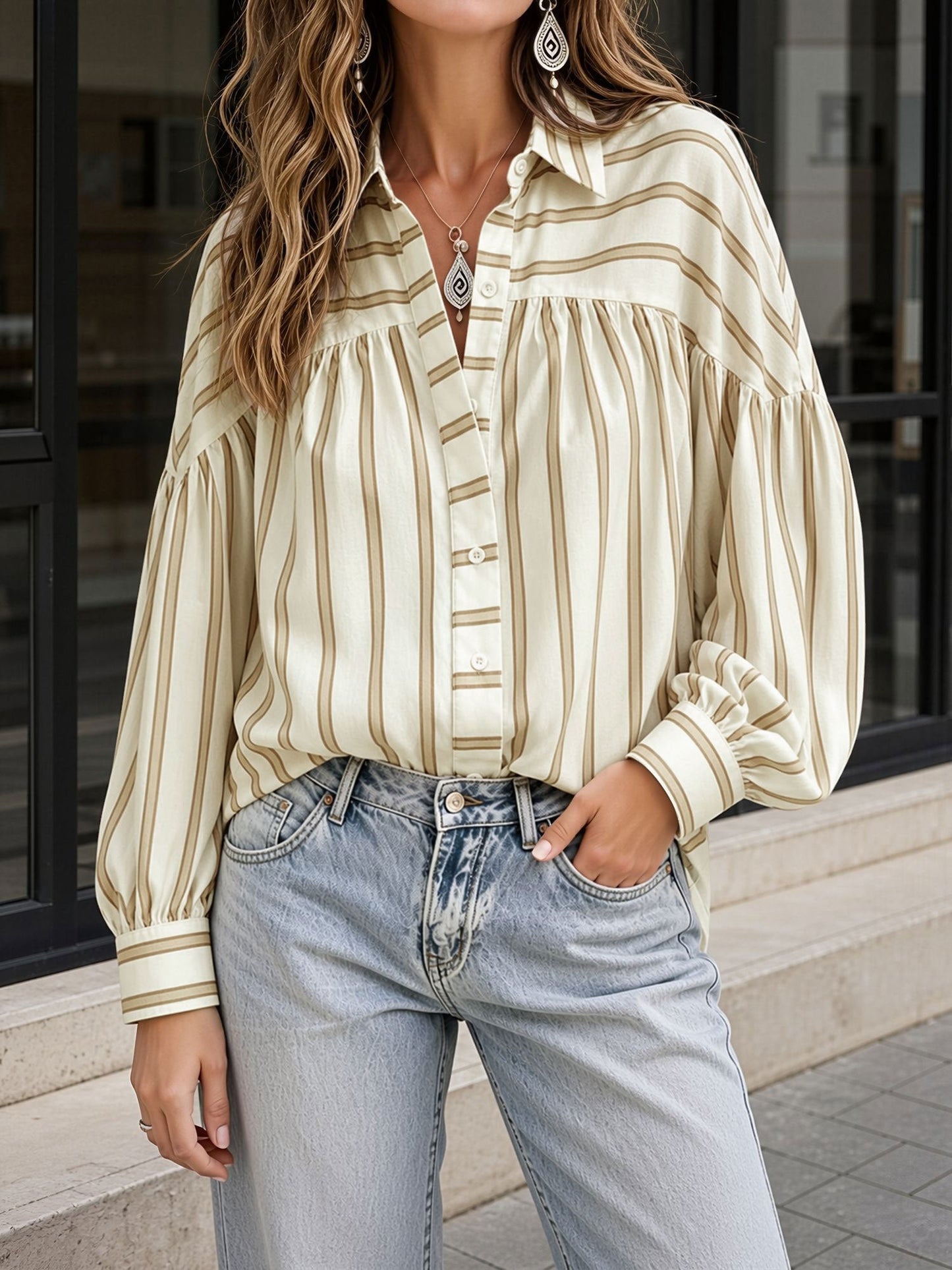 Striped Lantern Sleeves Collared Casual Blouse