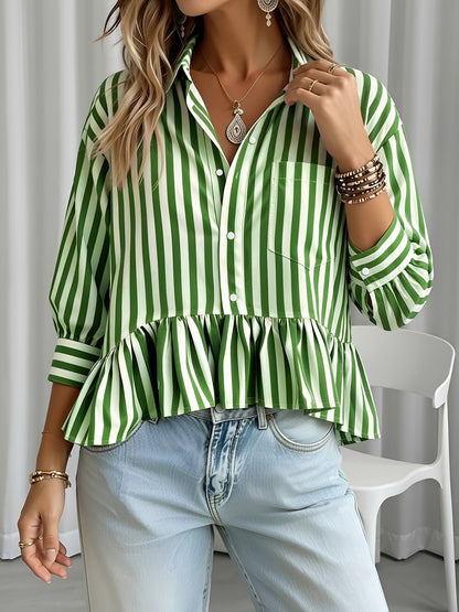 Striped Ruffled Cropped Three-Quarter Sleeve Blouse