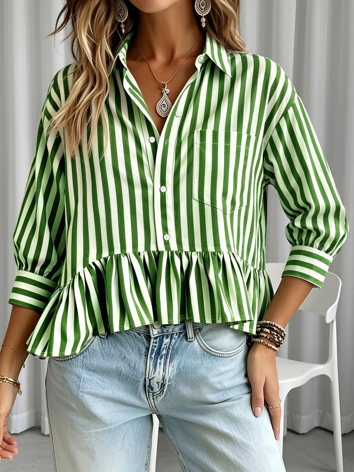 Striped Ruffled Cropped Three-Quarter Sleeve Blouse