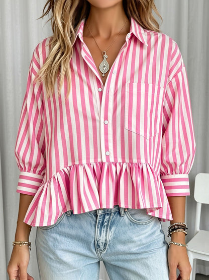 Striped Ruffled Cropped Three-Quarter Sleeve Blouse