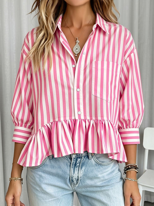 Striped Ruffled Cropped Three-Quarter Sleeve Blouse