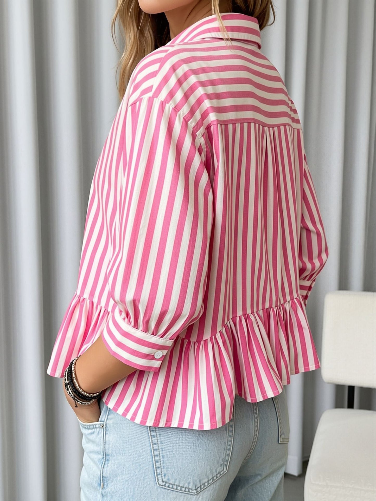 Striped Ruffled Cropped Three-Quarter Sleeve Blouse