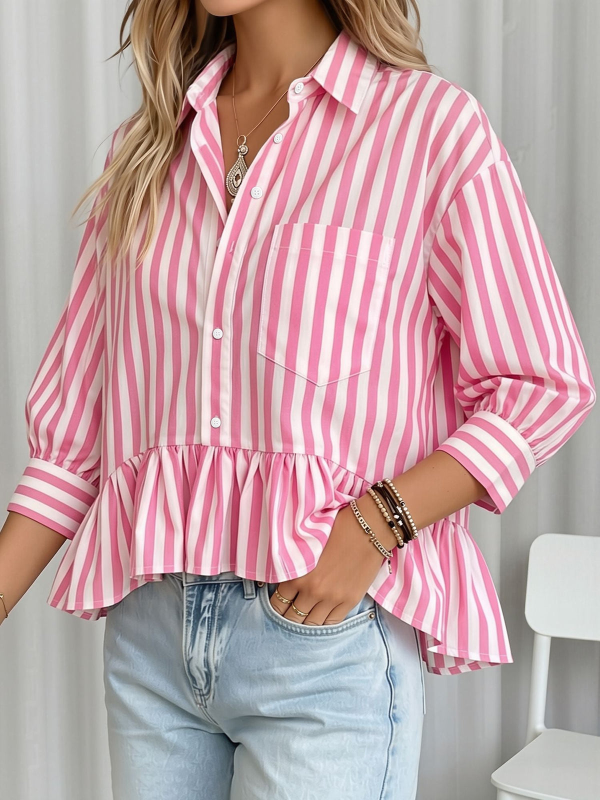 Striped Ruffled Cropped Three-Quarter Sleeve Blouse