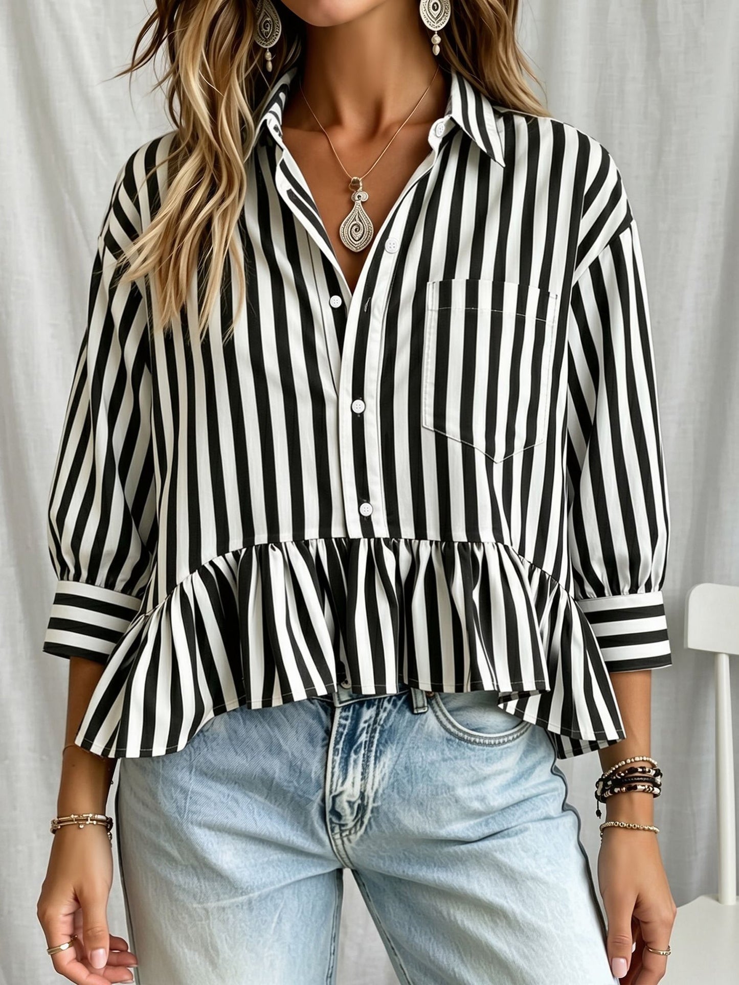 Striped Ruffled Cropped Three-Quarter Sleeve Blouse