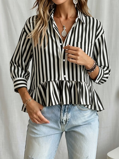 Striped Ruffled Cropped Three-Quarter Sleeve Blouse