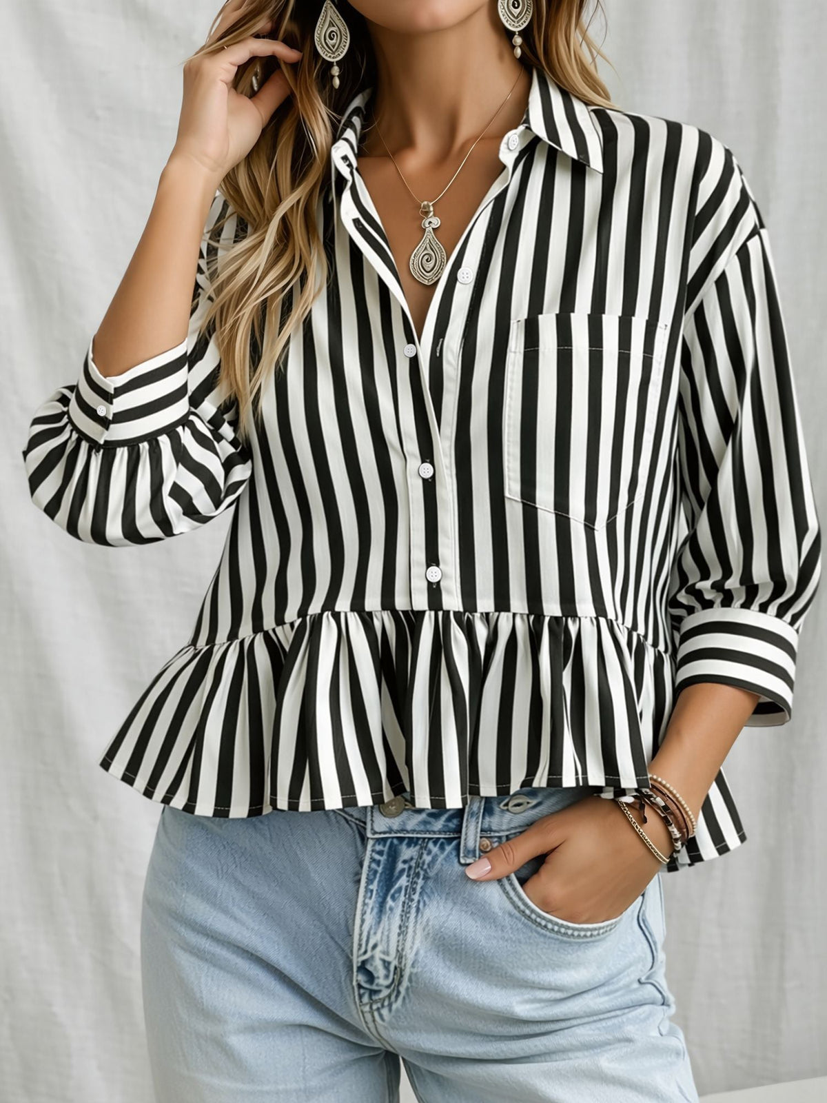 Striped Ruffled Cropped Three-Quarter Sleeve Blouse