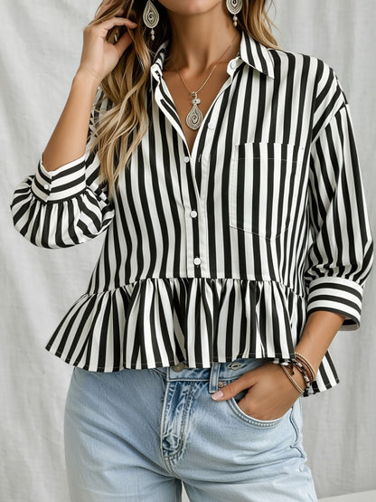 Striped Ruffled Cropped Three-Quarter Sleeve Blouse