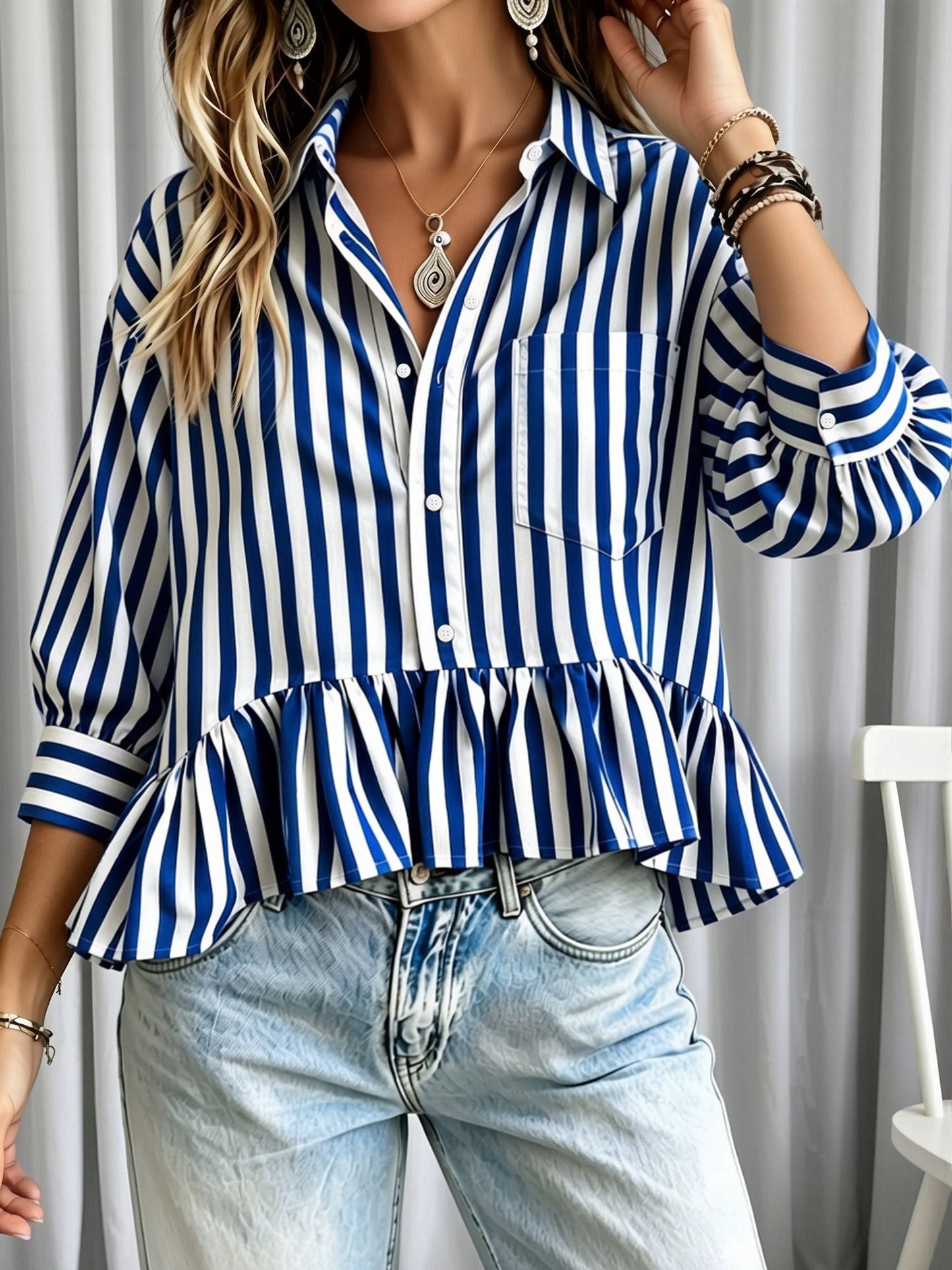 Striped Ruffled Cropped Three-Quarter Sleeve Blouse