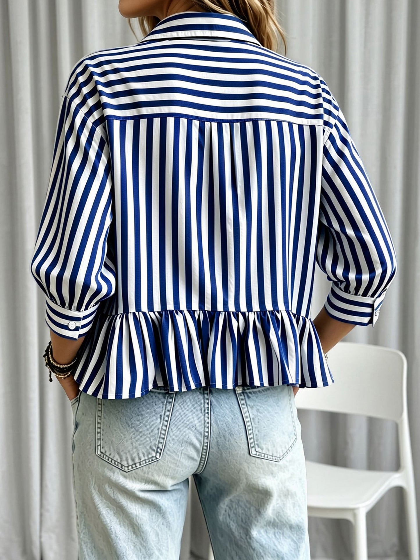 Striped Ruffled Cropped Three-Quarter Sleeve Blouse
