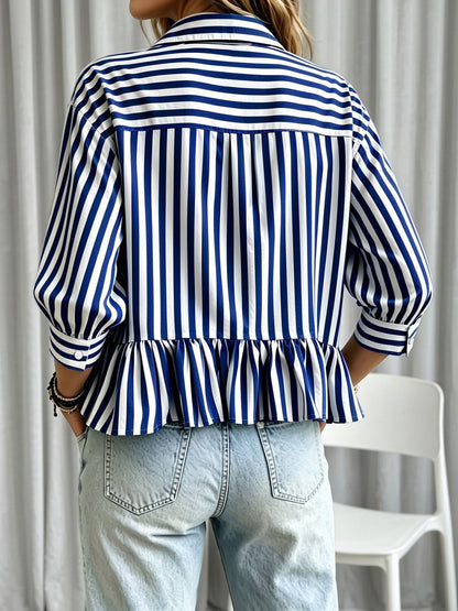 Striped Ruffled Cropped Three-Quarter Sleeve Blouse