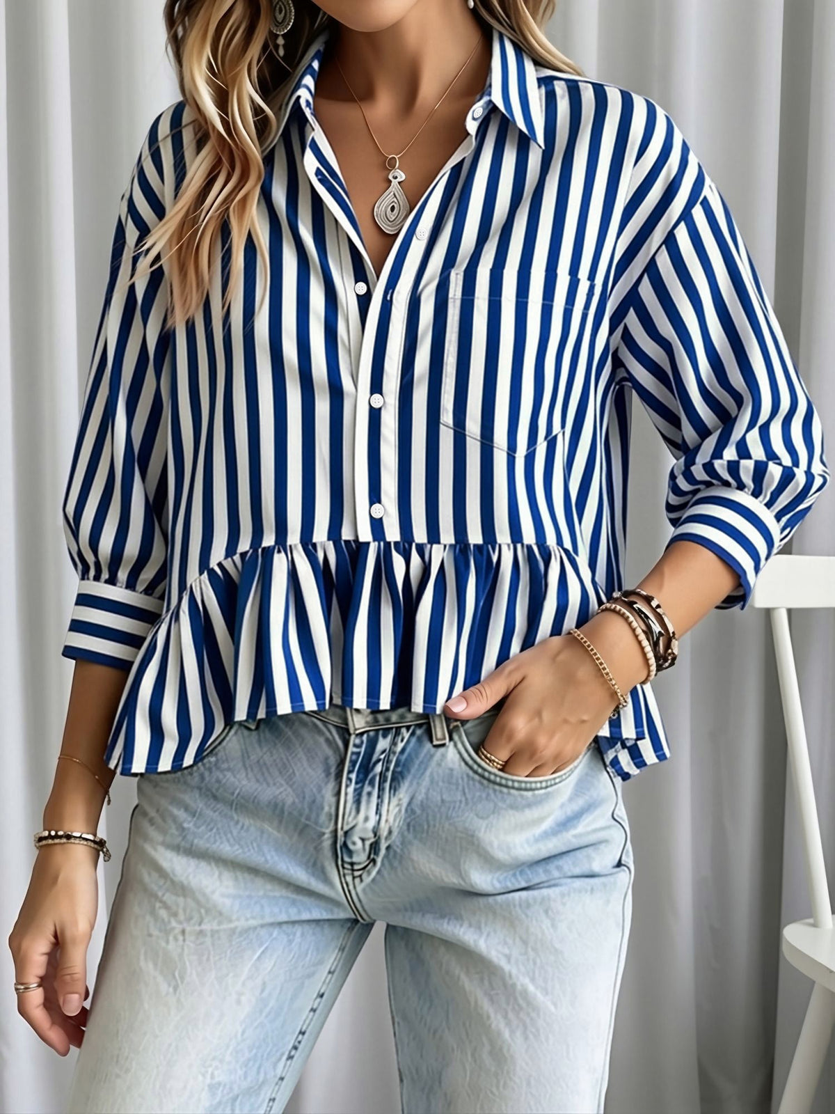 Striped Ruffled Cropped Three-Quarter Sleeve Blouse