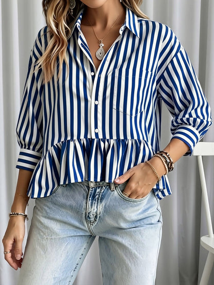 Striped Ruffled Cropped Three-Quarter Sleeve Blouse