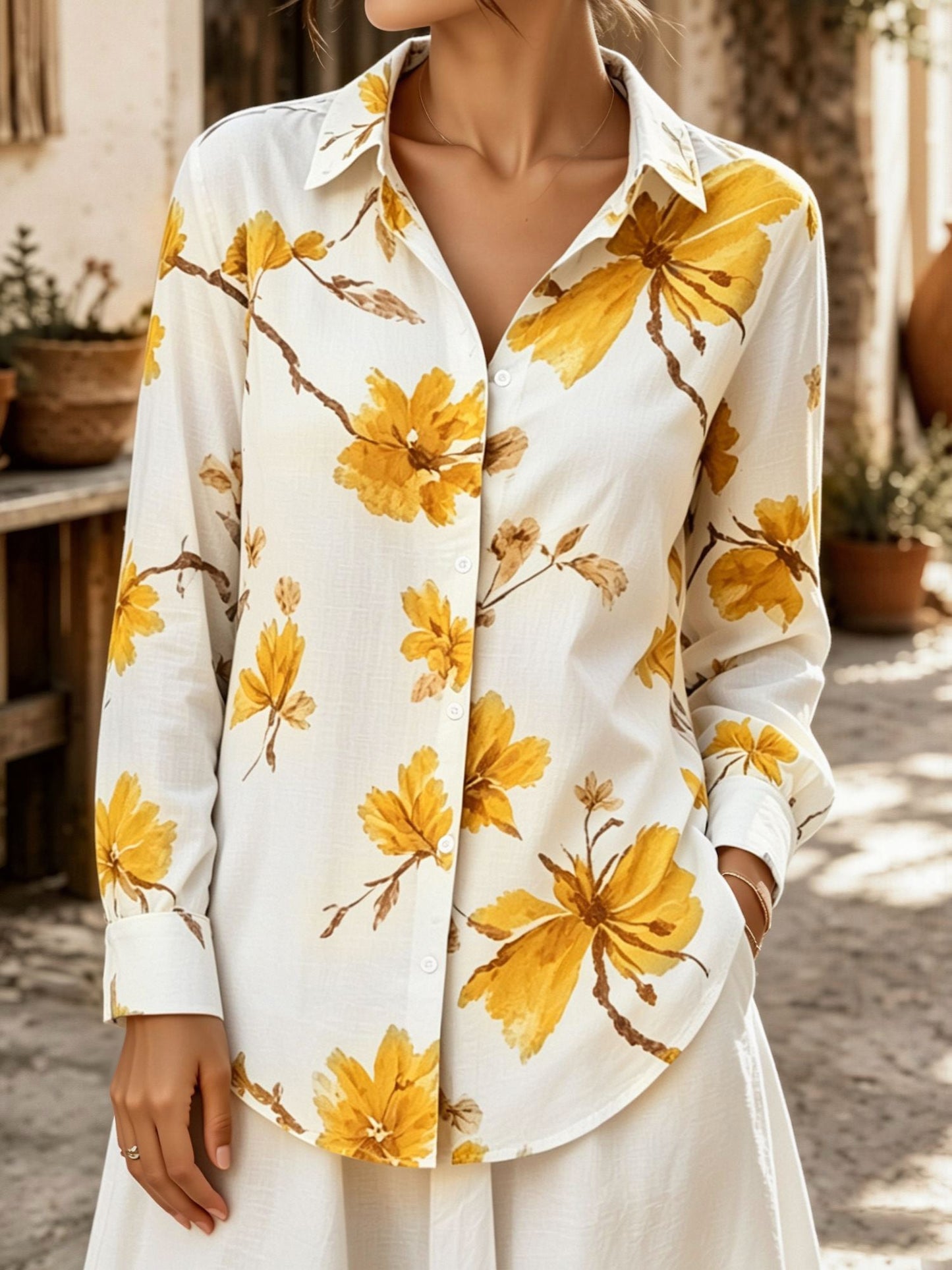 Floral Collared Button Down Long Sleeves Shirt
