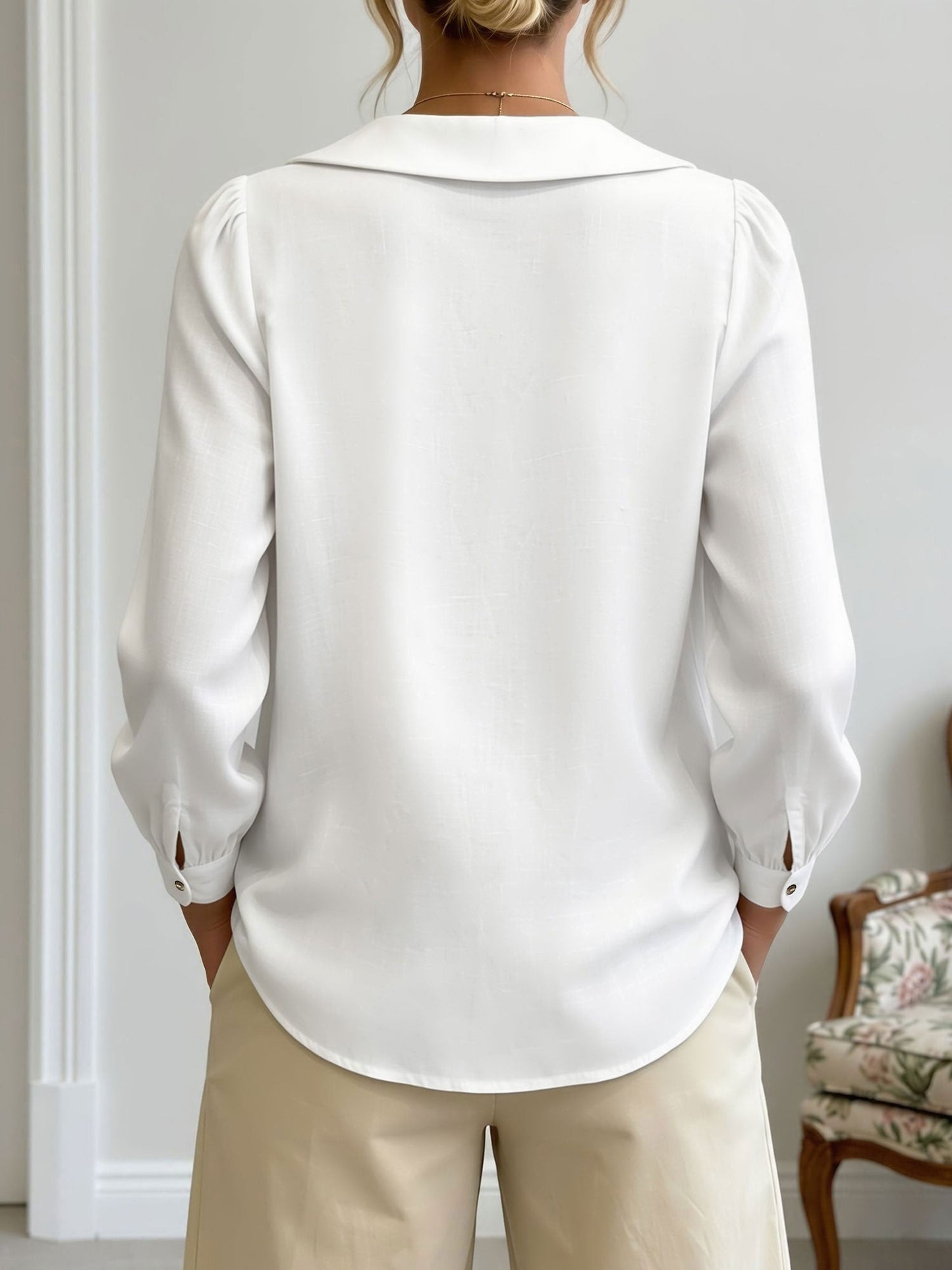 Peter Pan Collar Puff Long Sleeves Solid Color Blouse