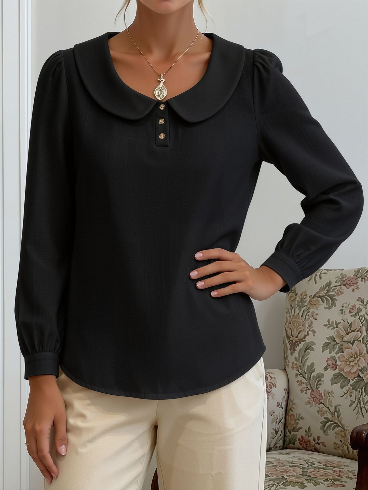 Peter Pan Collar Puff Long Sleeves Solid Color Blouse