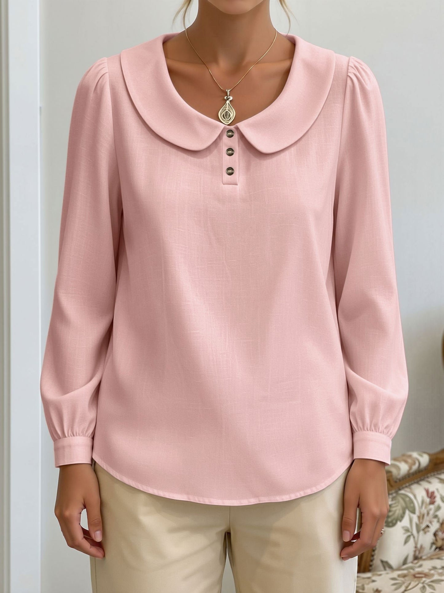 Peter Pan Collar Puff Long Sleeves Solid Color Blouse