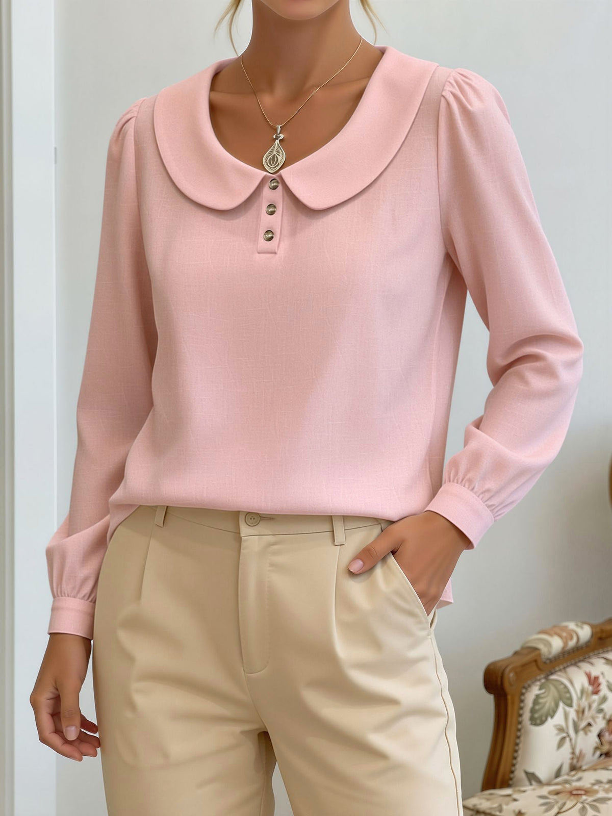 Peter Pan Collar Puff Long Sleeves Solid Color Blouse
